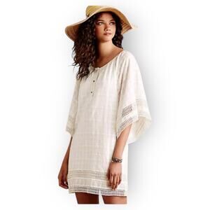 Vanessa Virginia Tunic Top XS White Gauzy Lace Button Up Half Sleeve Boho Beach